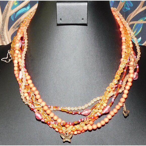 Fairycore Pink And Orange Butterfly Multistrand Necklace - Picture 1 of 3